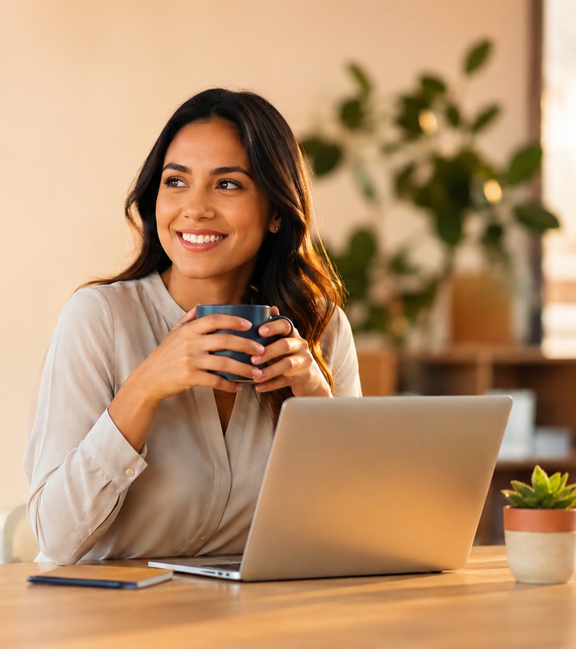 Profesional relajada con un café mientras la IA trabaja en su computadora